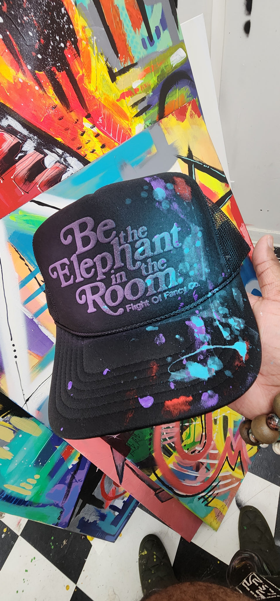 Be the Elephant In The Room Black/purple/Aqua trucker hat